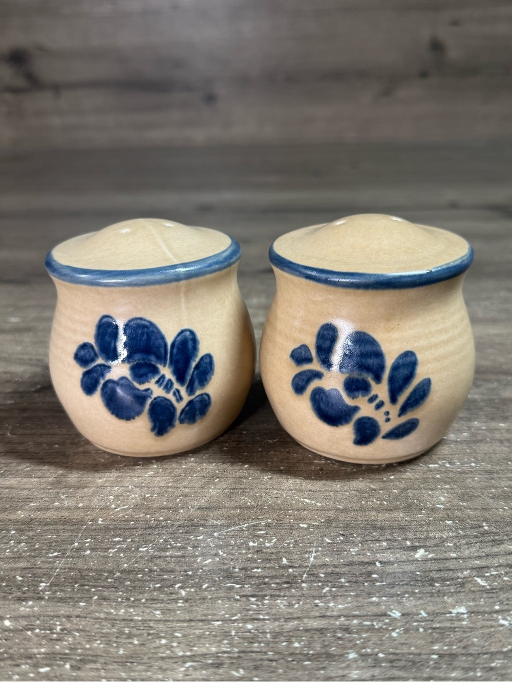 Vintage Pfaltzgraff Folk Art Salt & Pepper Shakers USA Made Tan Blue Stoneware